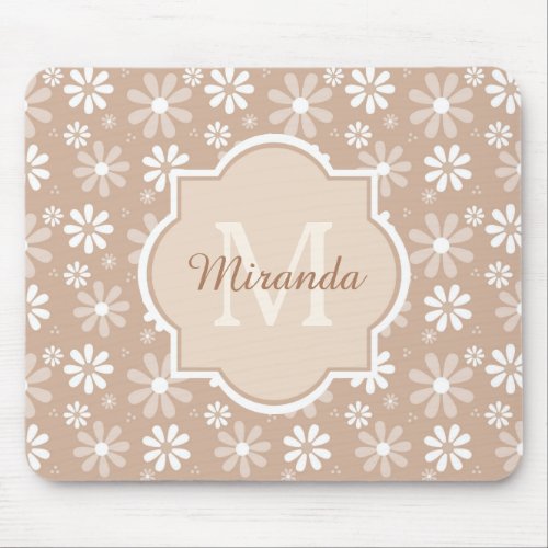 Girly Monogram Cute Tan Daisy Flowers and Name Mouse Pad