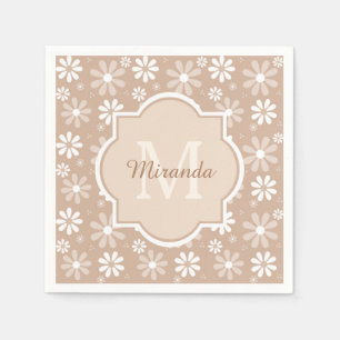 Girly Monogram Cute Tan Daisy Flowers and Name Paper Napkins