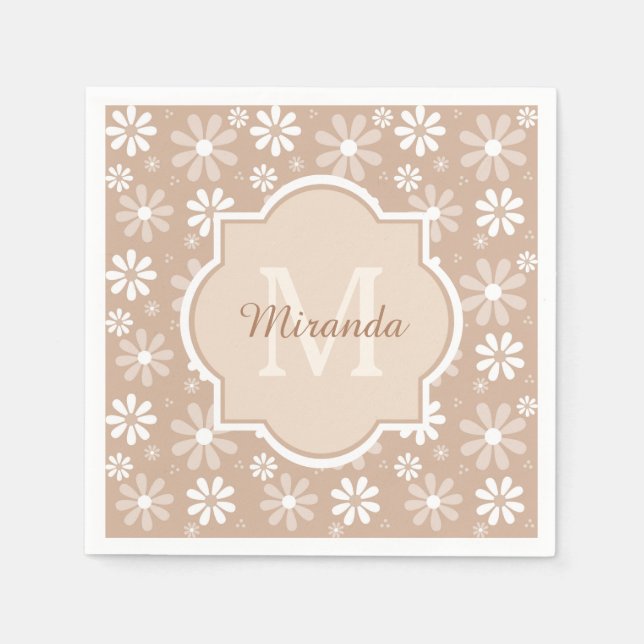 Girly Monogram Cute Tan Daisy Flowers and Name Paper Napkins (Front)