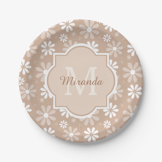 Girly Monogram Cute Tan Daisy Flowers and Name Paper Plates (Front)