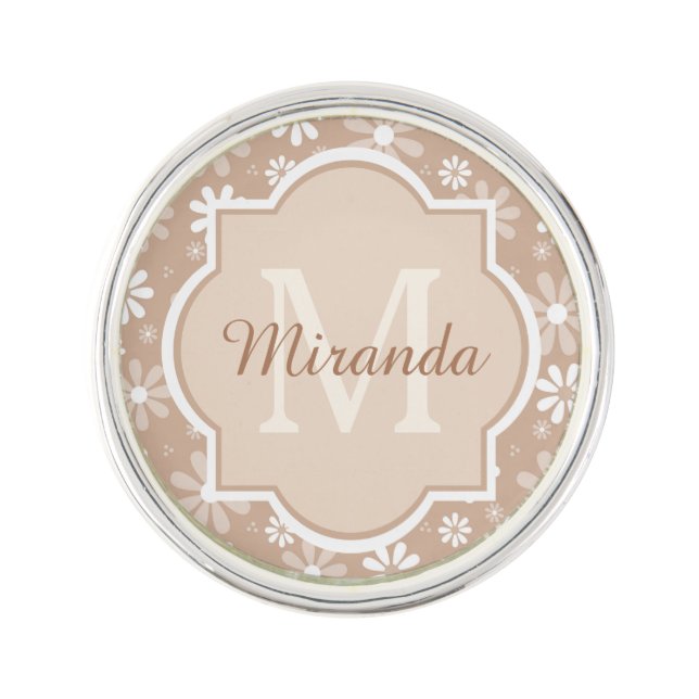 Girly Monogram Cute Tan Daisy Flowers and Name Pin (Front)