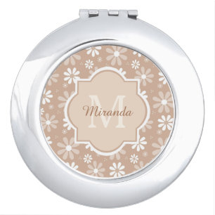 Girly Monogram Cute Tan Daisy Flowers and Name Vanity Mirror