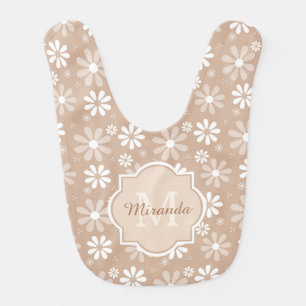 Girly Monogram Cute Tan Daisy Flowers Baby Name Bib