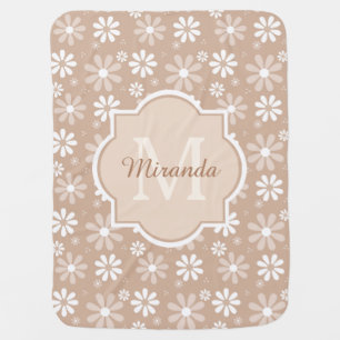 Girly Monogram Cute Tan Daisy Flowers Baby Name Receiving Blanket