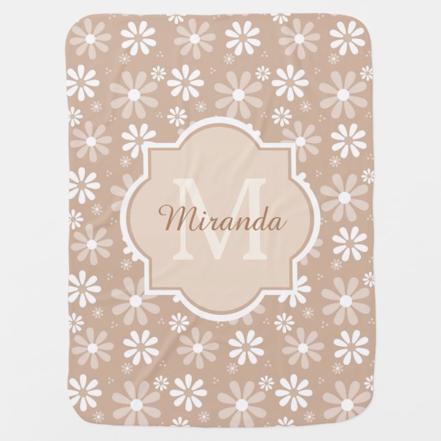 Girly Monogram Cute Tan Daisy Flowers Baby Name Receiving Blanket (Front)