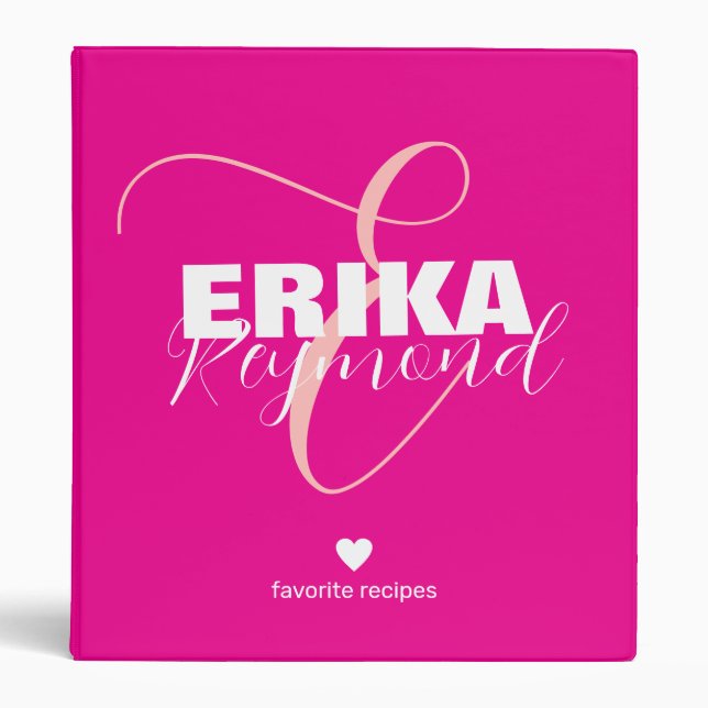 Girly Monogram Favorite Recipes Hot Pink 3 Ring Binder (Front)