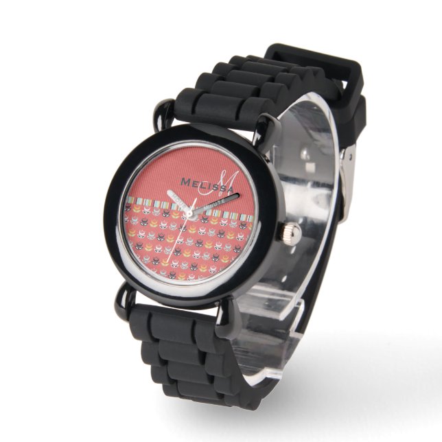Girly Monogram Floral Pattern on Coral Red Watch (Angle)