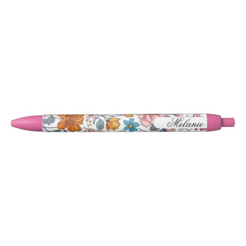 Girly Monogram Floral Pattern Personalized Name Blue Ink Pen
