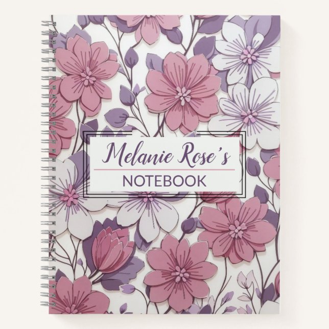 Girly Monogram Floral Pattern Personalized Name Notebook (Front)