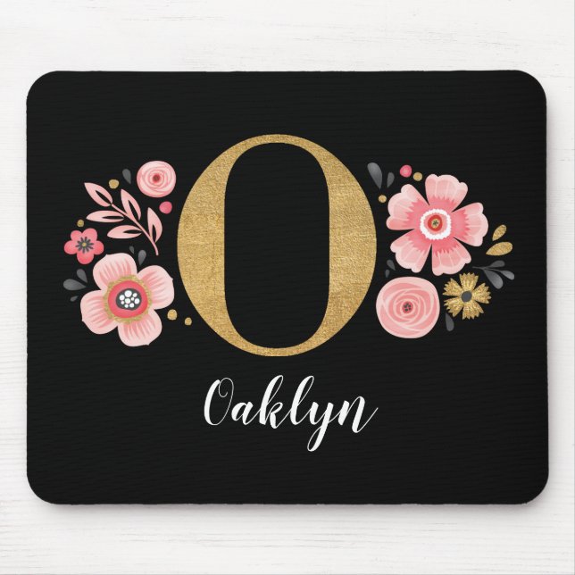 Girly Monogram Initial Pink Black Letter O Mouse Pad (Front)