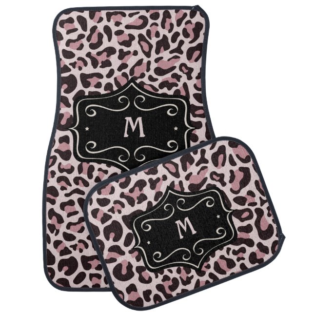 Girly Monogram Leopard Print Rose Gold Car Floor Mat (Set)