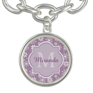 Girly Monogram Light Purple Daisy Flowers and Name Bracelet