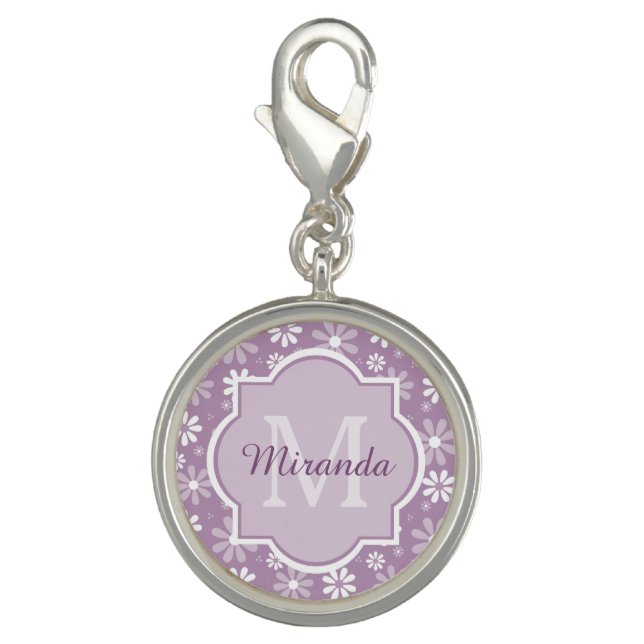 Girly Monogram Light Purple Daisy Flowers and Name Charm (Front)