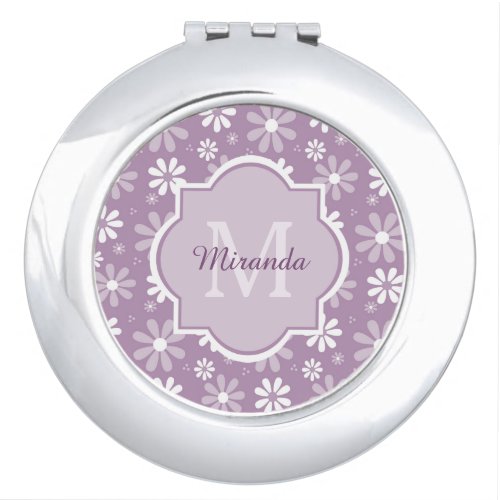 Girly Monogram Light Purple Daisy Flowers and Name Compact Mirror