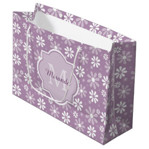 Girly Monogram Light Purple Daisy Flowers and Name Large Gift Bag