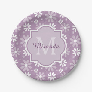 Girly Monogram Light Purple Daisy Flowers and Name Paper Plates