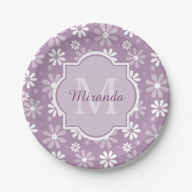 Girly Monogram Light Purple Daisy Flowers and Name Paper Plates (Front)