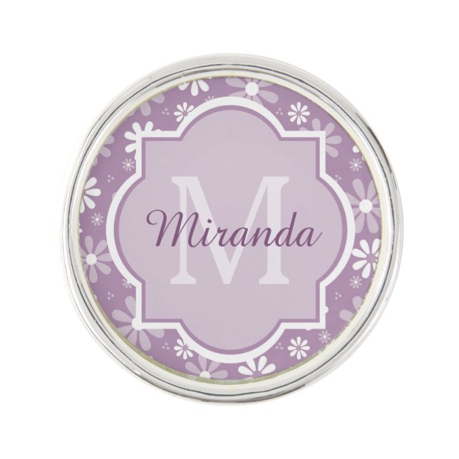 Girly Monogram Light Purple Daisy Flowers and Name Pin (Front)