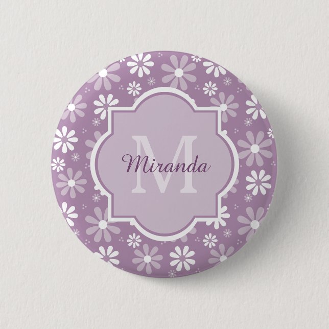 Girly Monogram Light Purple Daisy Flowers and Name Pinback Button (Front)