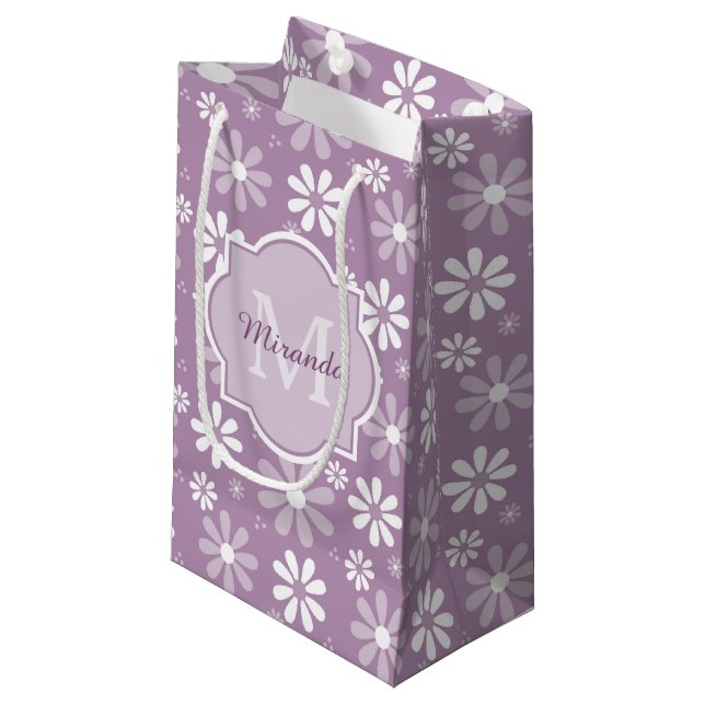 Girly Monogram Light Purple Daisy Flowers and Name Small Gift Bag (Front Angled)
