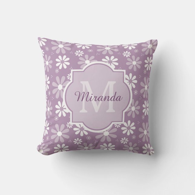 Girly Monogram Light Purple Daisy Flowers and Name Throw Pillow (Front)