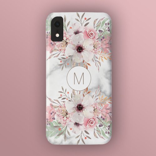 Girly Monogram Marble Watercolor Floral iPhone XR Case