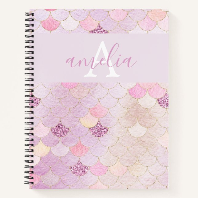 Girly Monogram Mermaid Scales Iridescent Notebook (Front)