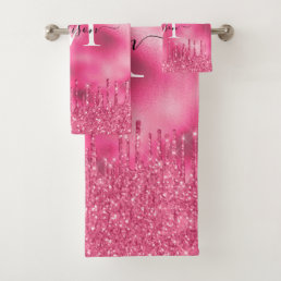 Girly Monogram Metallic Hot Pink Dripping Glitter Bath Towel Set