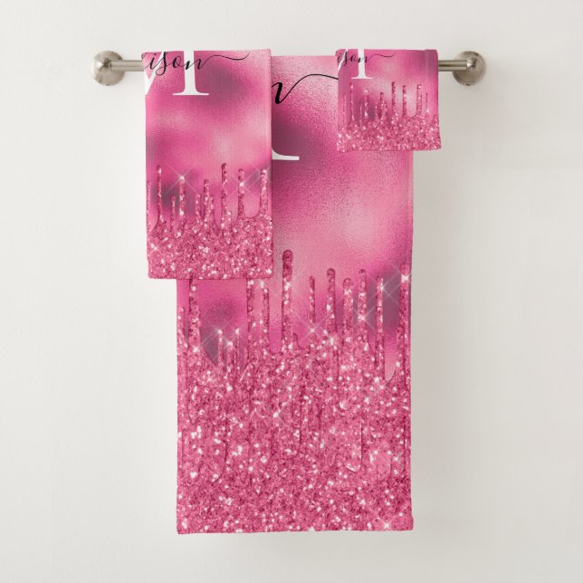Girly Monogram Metallic Hot Pink Dripping Glitter Bath Towel Set (Insitu)