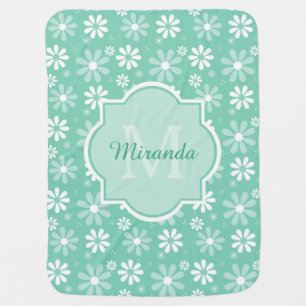 Girly Monogram Mint White Daisy Flowers Baby Name Baby Blanket
