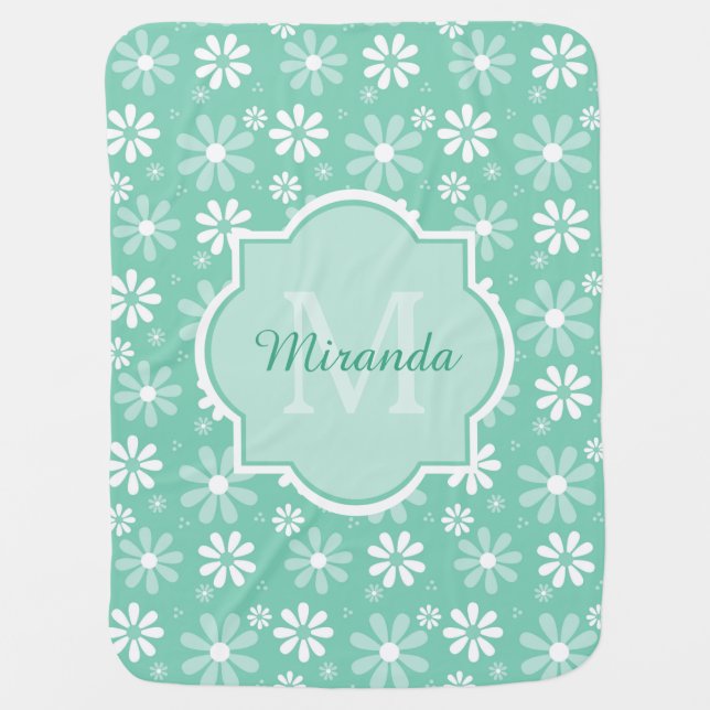 Girly Monogram Mint White Daisy Flowers Baby Name Baby Blanket (Front)