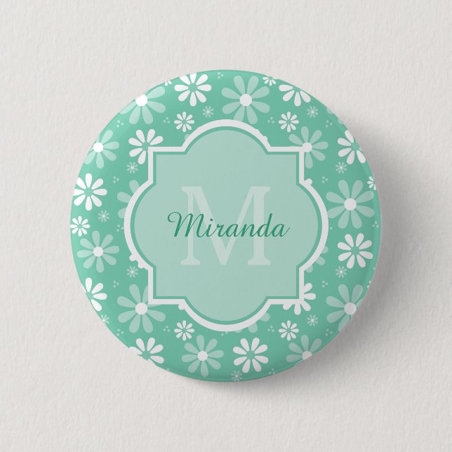 Girly Monogram Mint White Daisy Flowers With Name Button (Front)