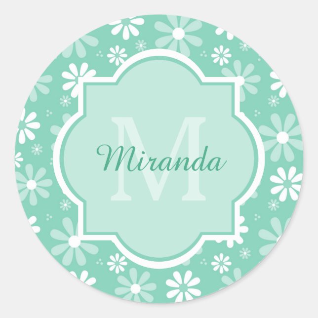 Girly Monogram Mint White Daisy Flowers With Name Classic Round Sticker (Front)