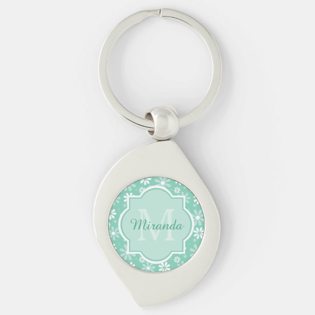 Girly Monogram Mint White Daisy Flowers With Name Keychain (Front)