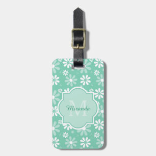 Girly Monogram Mint White Daisy Flowers With Name Luggage Tag