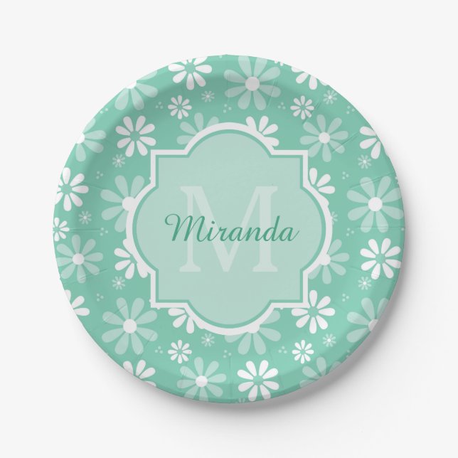 Girly Monogram Mint White Daisy Flowers With Name Paper Plates (Front)