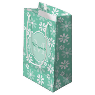Girly Monogram Mint White Daisy Flowers With Name Small Gift Bag