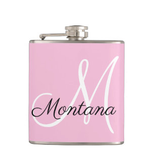 Girly Monogram Modern Pink Elegant Hand Lettered Flask
