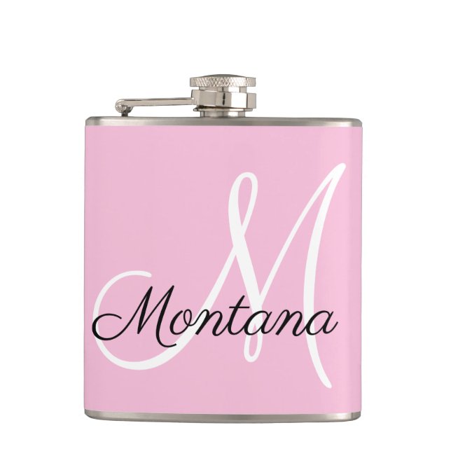 Girly Monogram Modern Pink Elegant Hand Lettered Flask (Front)