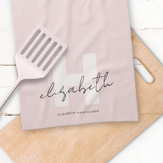 Girly Monogram Modern Script Blush Pink Initial  Kitchen Towel (Creator Uploaded)