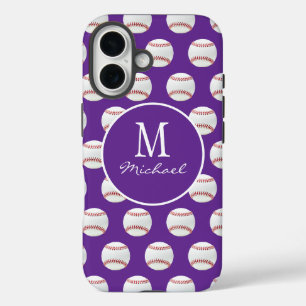 Girly Monogram Name Baseball Pattern purple iPhone 16 Case