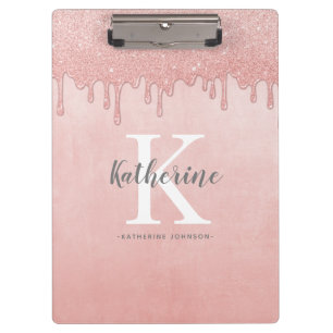Girly Monogram Name Blush Pink Dripping Glitter Clipboard