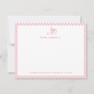 Girly Monogram Name Peach Pink Gingham Border Note Card