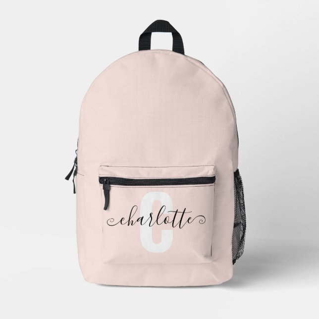 Girly Monogram Name Script Blush Pink Printed Backpack (Front)