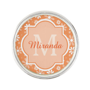 Girly Monogram Orange Daisy Flowers With Name Lapel Pin