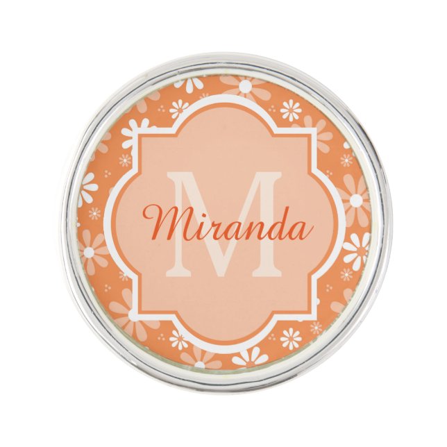 Girly Monogram Orange Daisy Flowers With Name Lapel Pin (Front)