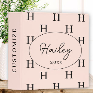 Girly Monogram Pattern Calligraphy Name Blush Pink 3 Ring Binder