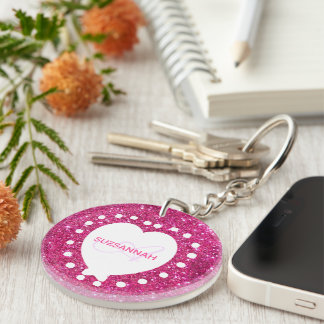 Girly Monogram Pink Glitter White Heart Template Keychain