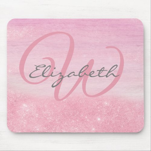 Girly Monogram Pink Ombre Glitter Shimmer Mouse Pad