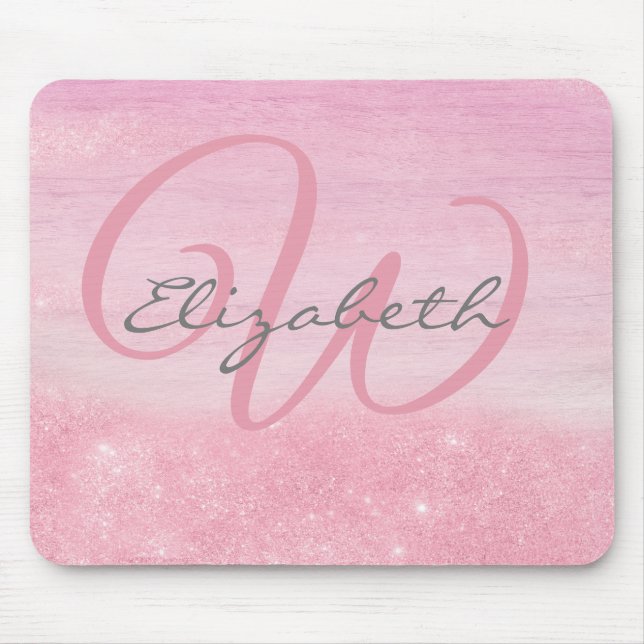Girly Monogram Pink Ombre Glitter Shimmer Mouse Pad (Front)